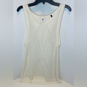 Cabi Off White Ivory Sleeveless Crochet Tennis Tank Knit Sweater Hi Low SZ Med